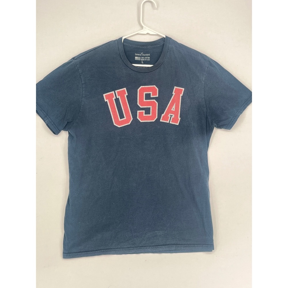 General Standard USA Graphic T-Shirt Mens Large Navy Blue Cotton Made in USA L
